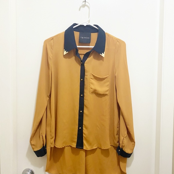 C by Chelsea High Low Long Sleeve Button Blouse Metal Collar Pumpkin Navy S/M - Picture 5 of 8